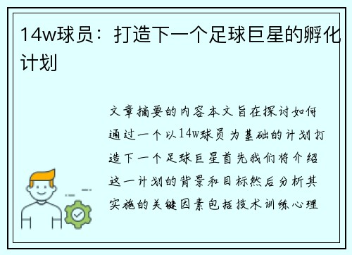 14w球员：打造下一个足球巨星的孵化计划